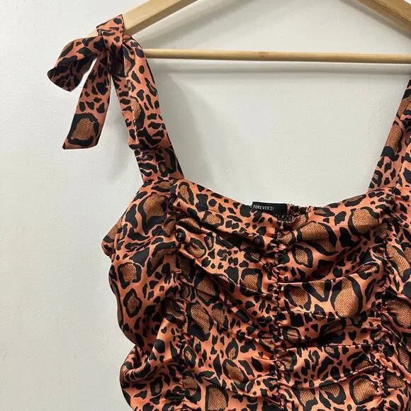 Forever 21 L Cropped‎ Cheetah Print Top Corset Ruched Satin Party Club Glam Chic - Picture 4 of 7